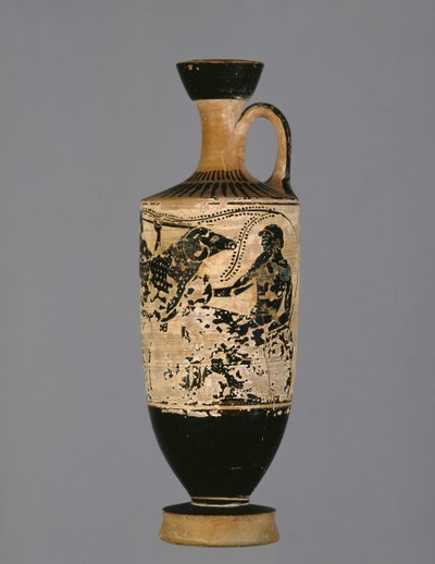 Attic Black-Figure Lekythos Decorated with Odysseus Escaping from the Cyclops Polyphemus, by the Theseus Painter, c.500-450 BC by Greek